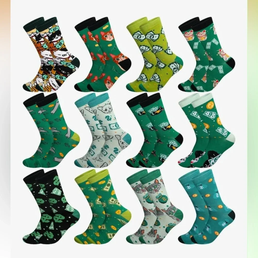 12 pairs of Playful Green Men's Socks Set with Dollar sign funny money design